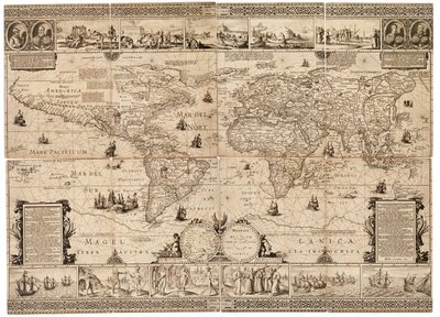 Das Blatt ist eine Komposition aus acht Abschnitten und einer Gravur, auf Karton geklebt. Maßstab: circa 1:35.000.000. von Claes Jansz Visscher