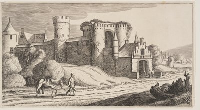 Ein Bauer mit einem Pferd auf einer Straße in der Nähe von Stadtmauern, aus Landschaften (Playsante Lantschappen) von Claes Jansz. Visscher II