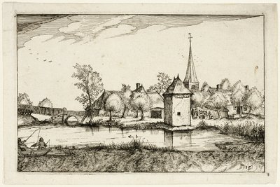 Teich und ein Dorf, Platte fünfzehn nach Bilder von Bauernhöfen, Landhäusern und rustikalen Dörfern von Claes Jansz. Visscher II