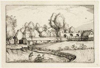 Straße entlang eines Feldes, Platte sechzehn nach Bilder von Bauernhöfen, Landhäusern und rustikalen Dörfern (Praediorum villarum et rusticarum casularum icones) von Claes Jansz. Visscher II
