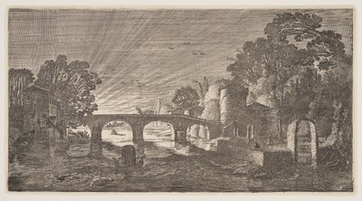 Sonnenuntergang über einem Fluss, aus Landschaften (Playsante Lantschappen) von Claes Jansz. Visscher II
