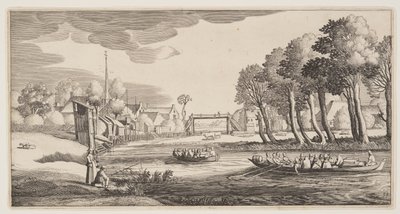 Reisende in Ruderbooten nähern sich einem Dorf, aus Landschaften (Playsante Lantschappen) von Claes Jansz. Visscher II