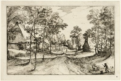 Dorfstraße, Platte vierzehn nach Bilder von Bauernhöfen, Landhäusern und rustikalen Dörfern (Praediorum villarum et rusticarum casularum icones) von Claes Jansz. Visscher II
