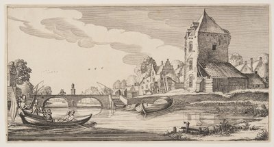 Dorf an einem Fluss, aus Landschaften (Playsante Lantschappen) von Claes Jansz. Visscher II