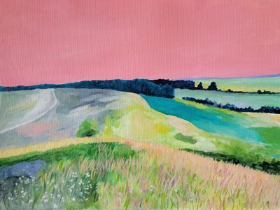 Verträumte Landschaft mit rosa Himmel von Claire Whitehead