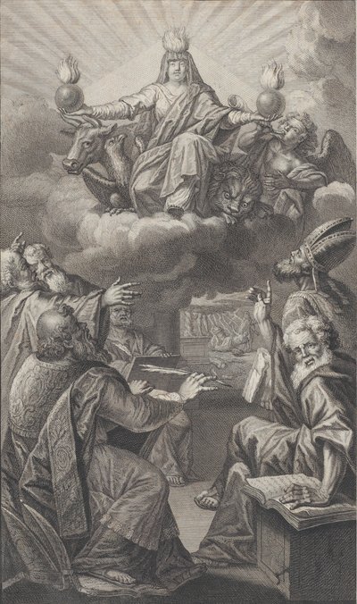 Allegorische Figur erscheint auf Wolken, während eine Gruppe von Männern unten hinaufschaut, 1728 von Claude Augustin Duflos