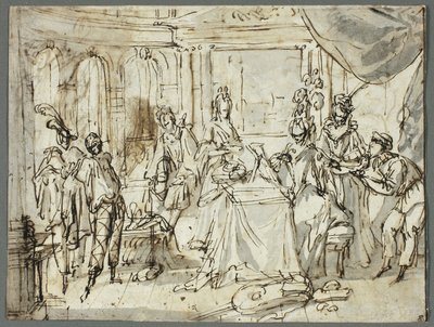 Die Schauspieler machen sich bereit (recto); Studien der Heiligen Familie und Johannes der Täufer (verso) von Claude Gillot