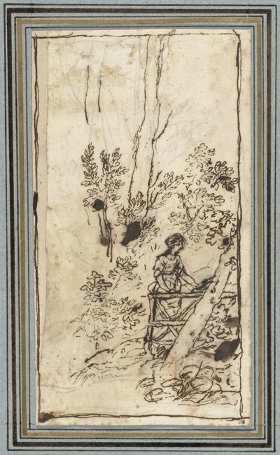 Junge Frau, die an einem Zaun im Wald steht (Studies von Tieren aus dem Dierenalbum) von Claude Lorrain