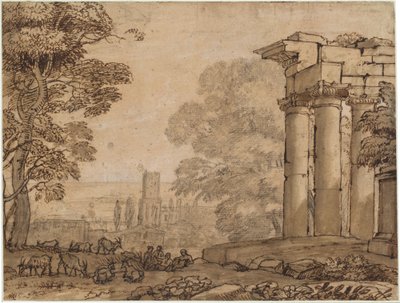 Landschaft mit Ruinen, pastoralen Figuren und Bäumen von Claude Lorrain
