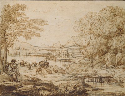 Jugendlicher spielt eine Pfeife in einer pastoralen Landschaft, um 1640er Jahre von Claude Lorrain
