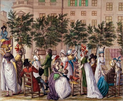 Mode unter dem Direktorium: „Le petit Coblenz“, die Promenade Boulevard des Italiens in Paris. Lithographie von Claude Louis Desrais (1746-1816) 1798. Paris, Musee Carnavalet von Claude Louis Desrais