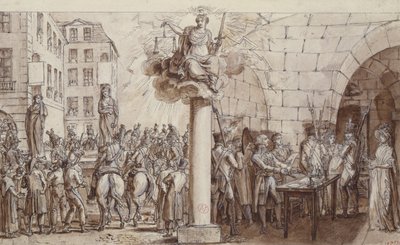 Die Witwe Morin und ihre Tochter Angelique Delaporte in der Conciergerie, bestraft mit öffentlicher Fesselung für das Verbrechen der Erpressung mit Gewalt von Unterschriften, 1812 von Claude Louis Desrais