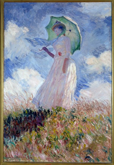 Frau mit Sonnenschirm nach links gewandt von Claude Monet