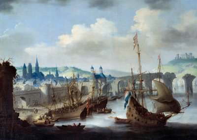 Ansicht der Stadt Rouen. Die Schiffe sind am Ufer der Seine vertäut. (Detail) von Claude de Jongh