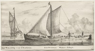 Verschiedene Schiffe und Ansichten von Amsterdam, Teil II: Ein Wasserschiff auf dem Weg zu den Soutketen. Ein Brauerwasserschiff von Clement de Jonghe