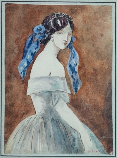 Studie einer Frau als Halbfigur, in einem ausgeschnittenen Kleid, mit einem über dem Haar geknoteten Schleier von Constantin Guys