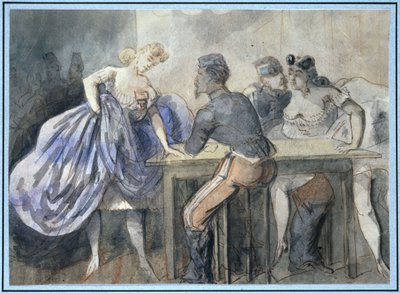Bordellszene, zwei Frauen und zwei Soldaten um einen Tisch, links im Hintergrund weitere Silhouetten von Frauen und Männern. von Constantin Guys