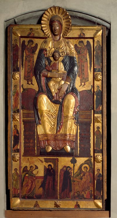 Jungfrau auf dem Thron mit dem Kind, zwei Engeln, den Aposteln. Die Verkündigung und die heiligen Frauen am Grab. Flachrelief aus polychromem Holz von Coppo di Marcovaldo (attr.to)