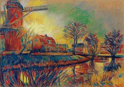 Lebhafte Dorfszene mit Windmühle von Corné Akkers