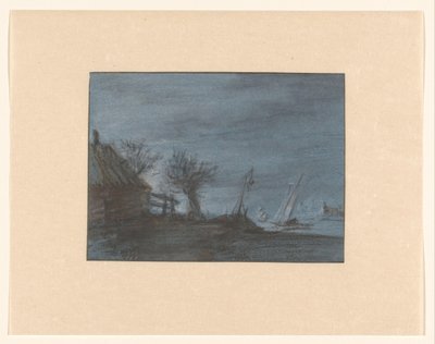 Bauernhaus mit Kopfweide und Segelschiffen auf offenem Wasser von Cornelia Alida Westerhof