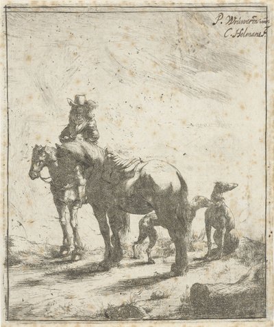 Reiter mit zwei Pferden und zwei Hunden von Cornelis A. Hellemans
