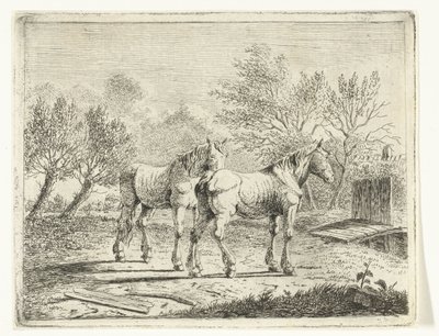 Weidelandschaft mit zwei Pferden bei Brücke und Bauernhof von Cornelis  Bisschop