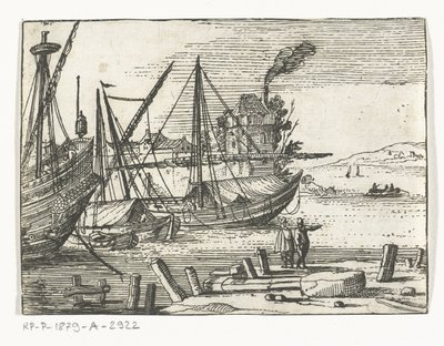 Hafenszene mit zwei Segelschiffen und einer Galeone, zwei Männer stehen auf dem Kai von Cornelis Bol (attributed to)