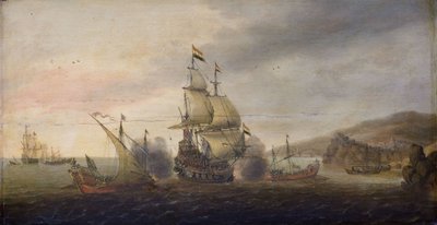 Seeschlacht zwischen niederländischen Kriegsschiffen und spanischen Galeeren von Cornelis Bol
