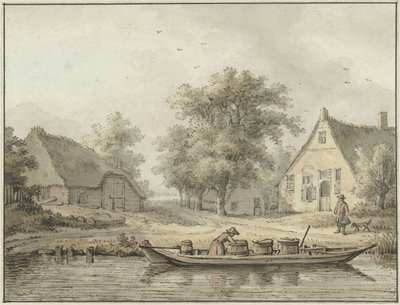Landschaft mit vertäutem Boot mit Fässern von Cornelis Buys