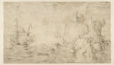 Meeresansicht mit einem Schiff bei einer Insel von Cornelis Claesz van Wieringen (attributed to)