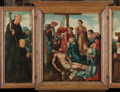 Triptychon mit der Beweinung Christi (Mitte), flankiert vom männlichen Stifter mit dem heiligen Benedikt (links, Innenflügel) und der weiblichen Stifterin mit der heiligen Elisabeth von Thüringen (rechts, Innenflügel) von Cornelis Cornelisz II Buys (attributed to)
