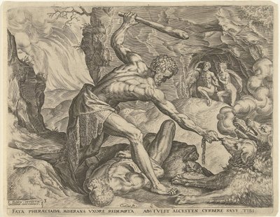 Herkules zieht Cerberus aus der Hölle von Cornelis Cort