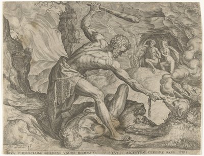 Herkules zieht Cerberus aus der Hölle von Cornelis Cort