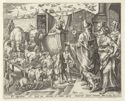 Noah geht mit seiner Familie und den Tieren an Bord der Arche von Cornelis Cort