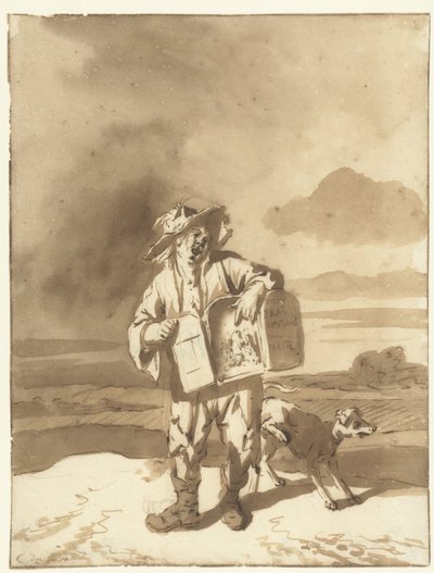 Ein junger Mann mit einem Guckkasten und einem Hund von Cornelis Dusart
