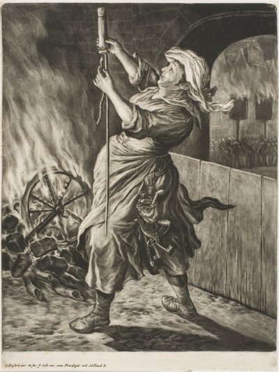 Frau zündet eine Rakete an, auch genannt Frieden bringt mich in Schwung, aus Communia Gaudia (Die weit verbreitete Freude bei der Belagerung von Namur) von Cornelis Dusart