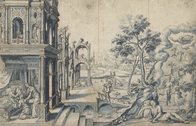 Jakob empfängt den Segen von Isaak; Jakobs Leiter von Cornelis Floris (II)