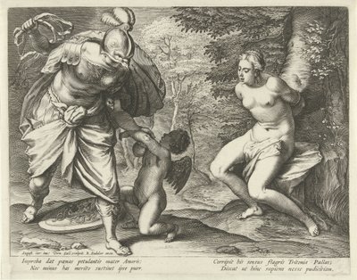 Venus an einen Baum gebunden und Amor von Minerva bestraft von Cornelis Galle (I)