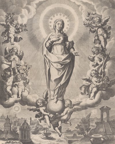 Die Jungfrau in Herrlichkeit, stehend auf Wolken und umgeben von Engeln mit Symbolen, 1595-1633 von Cornelis Galle I