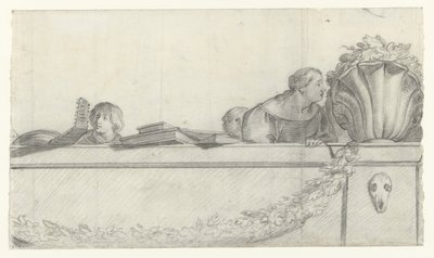 Personen auf einer Balustrade mit Festons (Entwürfe für Wandmalereien im Schloss Honselaersdijk) (Serientitel) von Cornelis Holsteyn