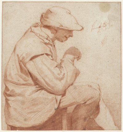 Sitzender Mann mit weicher Kappe, im Profil nach rechts, mit erhobener rechter Hand von Cornelis Pietersz. Bega (attributed to)