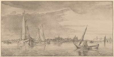 Fluss mit Stadt von Cornelis Ploos van Amstel
