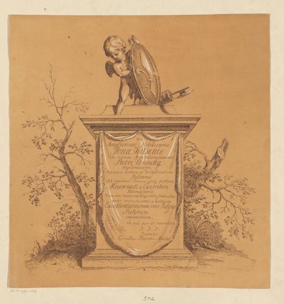 Stehender Putto auf einem Denkmal mit Widmung an Jonas Witsen von Cornelis Ploos van Amstel