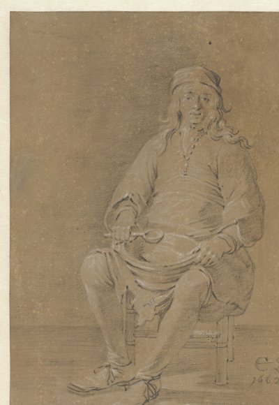 Sitzender Mann mit einer Schüssel auf dem Schoß von Cornelis Saftleven