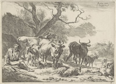 Ruhender alter Hirte mit seiner Herde von Cornelis Visscher (II)