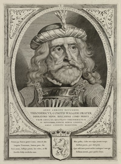 Dirk I., Graf von Holland, in einer Rüstung. Der Rahmen ist mit dem Wappen von Holland verziert. von Cornelis Visscher