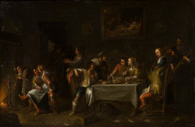 Damen und Herren beim Festmahl um einen Tisch von Cornelis de (attr. to) Wael