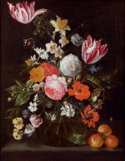 Blumen in einem Glasvase auf einem Stein Sims mit Aprikosen von Cornelis de Heem