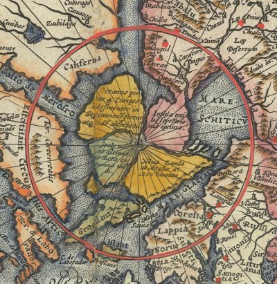 Detail der Weltkarte - Arktis mit magnetischer Insel als Nordpol von Cornelis de Jode