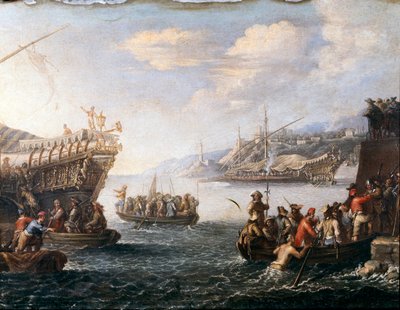 Soldaten, die sich im Hafen von Genua einschiffen, um gegen die Türken zu kämpfen von Cornelis de Wael